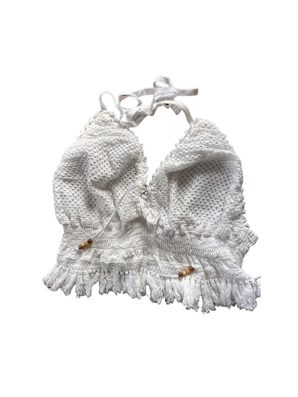 Women's Cotton Collection White Crochet Halter Crop Top L Y2K Cottage Core